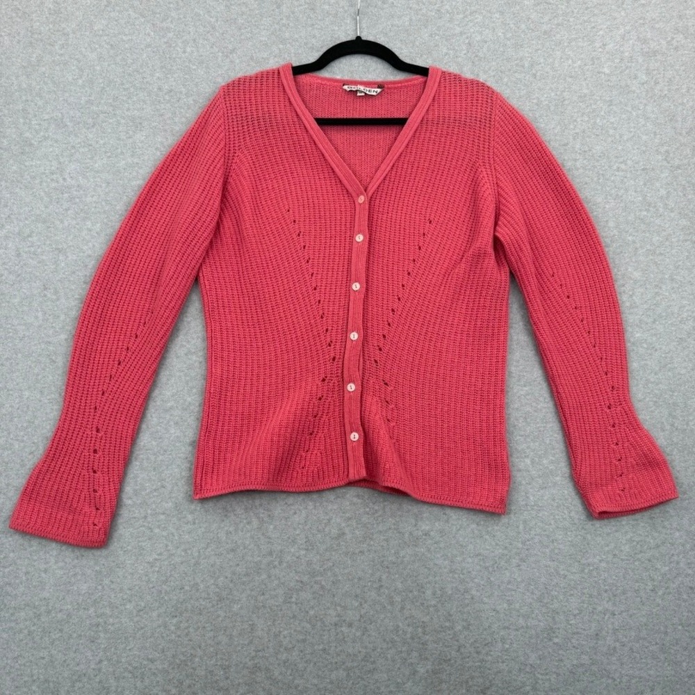 Golden Cardigan Womens Size M Lambswool Pink Knit Pointelle Button Front Sweater